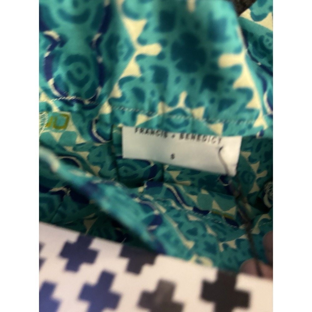 Francis + Benedict Cotton Pleated Skirt S Small Ivory Teal Scroll - Picture 4 of 4